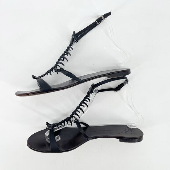 Giuseppe Zanotti Black Fishbone Embellished Flat Ankle Strap Sandals IT 39.5 - Picture 4 of 14